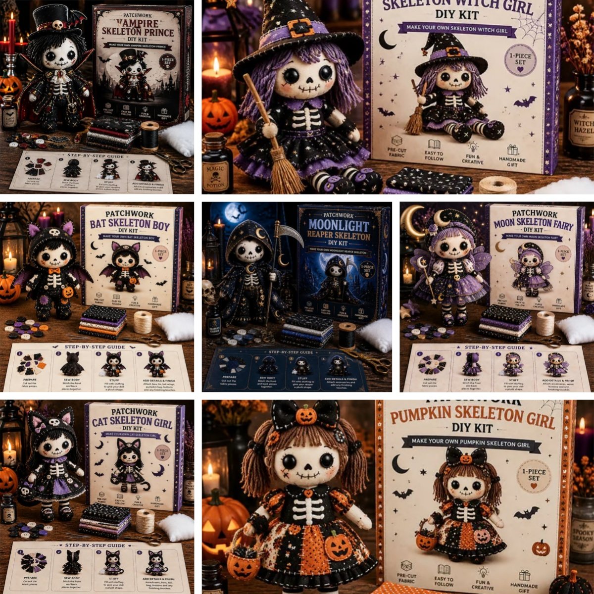 🔥HOT SALE 49% OFF🎃🧙♀️Patchwork Skeleton Witch Girl DIY Kit👻🦴🎃 – Handmade Halloween Wall & Door Décor
