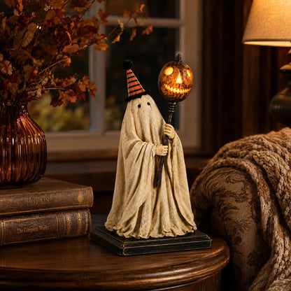 Lighted Vintage Ghost Figurine with Glowing Pumpkin Staff 👻💡