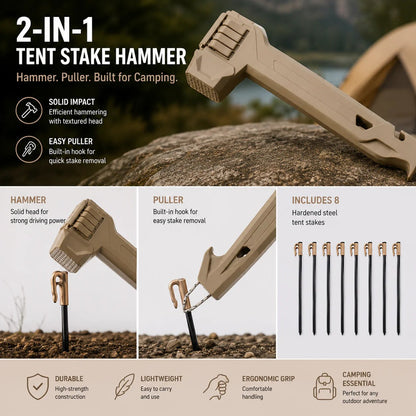 Last Day 49% OFF🔥🔨2-in-1 Tent Stake Hammer with Built-In Storage for 8 Stakes and Stake Puller for Outdoor Camping