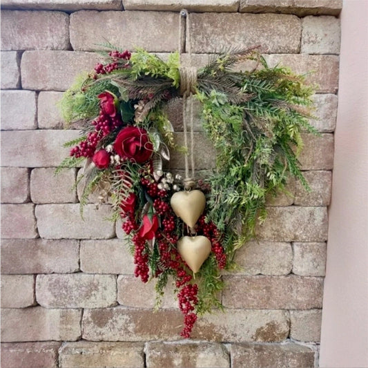 ❤️ Farmhouse Heart Wreath: Gold Bells, Red Roses & Berries🎉