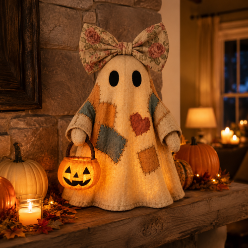 🔥 FLASH SALE - 👻🎃 Light-Up Patchwork Ghost with LED Jack-o'-Lantern Basket
