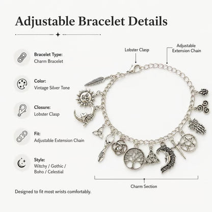 🌙 Vintage Witchy Charm Bracelet – Mystical Celestial Jewelry For Everyday Magic