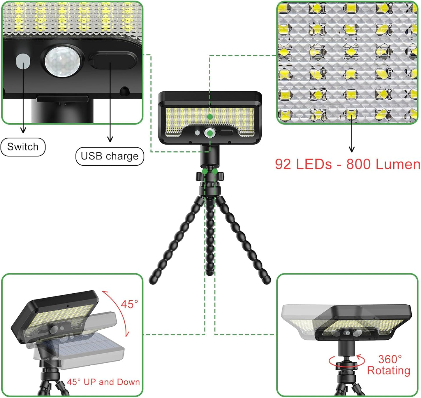 92 LED Solar Lights Outdoor with Motion Sensor, Octopus Stand, Adjustable Angle, USB & Solar Powered,IP65 Waterproof