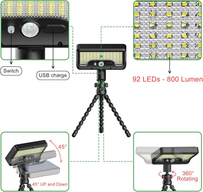 92 LED Solar Lights Outdoor with Motion Sensor, Octopus Stand, Adjustable Angle, USB & Solar Powered,IP65 Waterproof