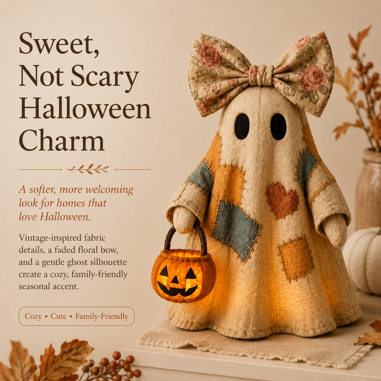 🔥 FLASH SALE - 👻🎃 Light-Up Patchwork Ghost with LED Jack-o'-Lantern Basket