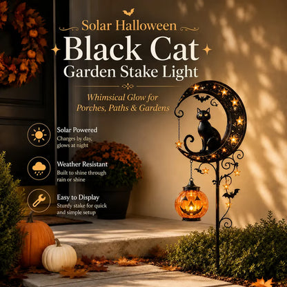 🎃 Solar Black Cat & Pumpkin Moon Garden Stake Light 🐈‍⬛– Magical Halloween Yard Décor