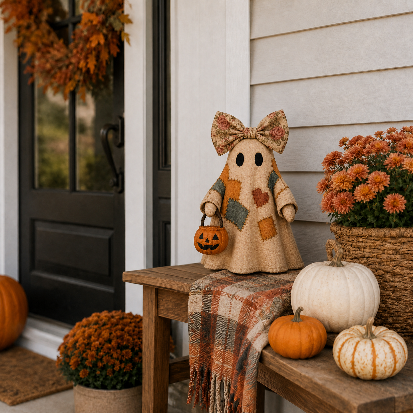 🔥 FLASH SALE - 👻🎃 Light-Up Patchwork Ghost with LED Jack-o'-Lantern Basket