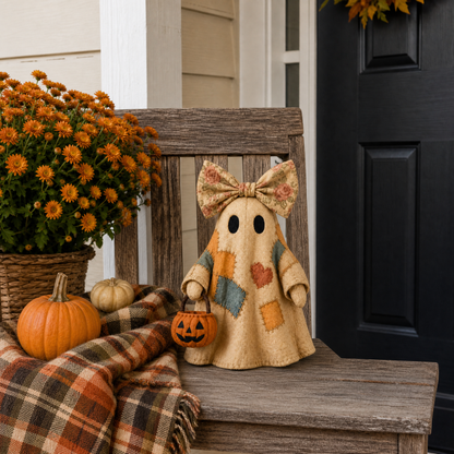🔥 FLASH SALE - 👻🎃 Light-Up Patchwork Ghost with LED Jack-o'-Lantern Basket