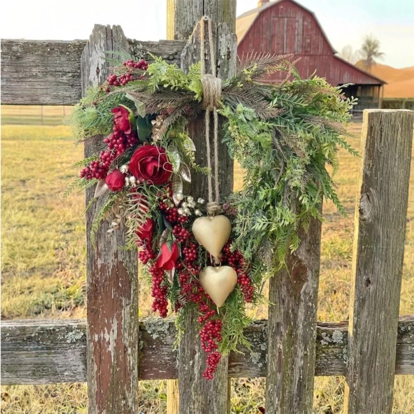 ❤️ Farmhouse Heart Wreath: Gold Bells, Red Roses & Berries🎉