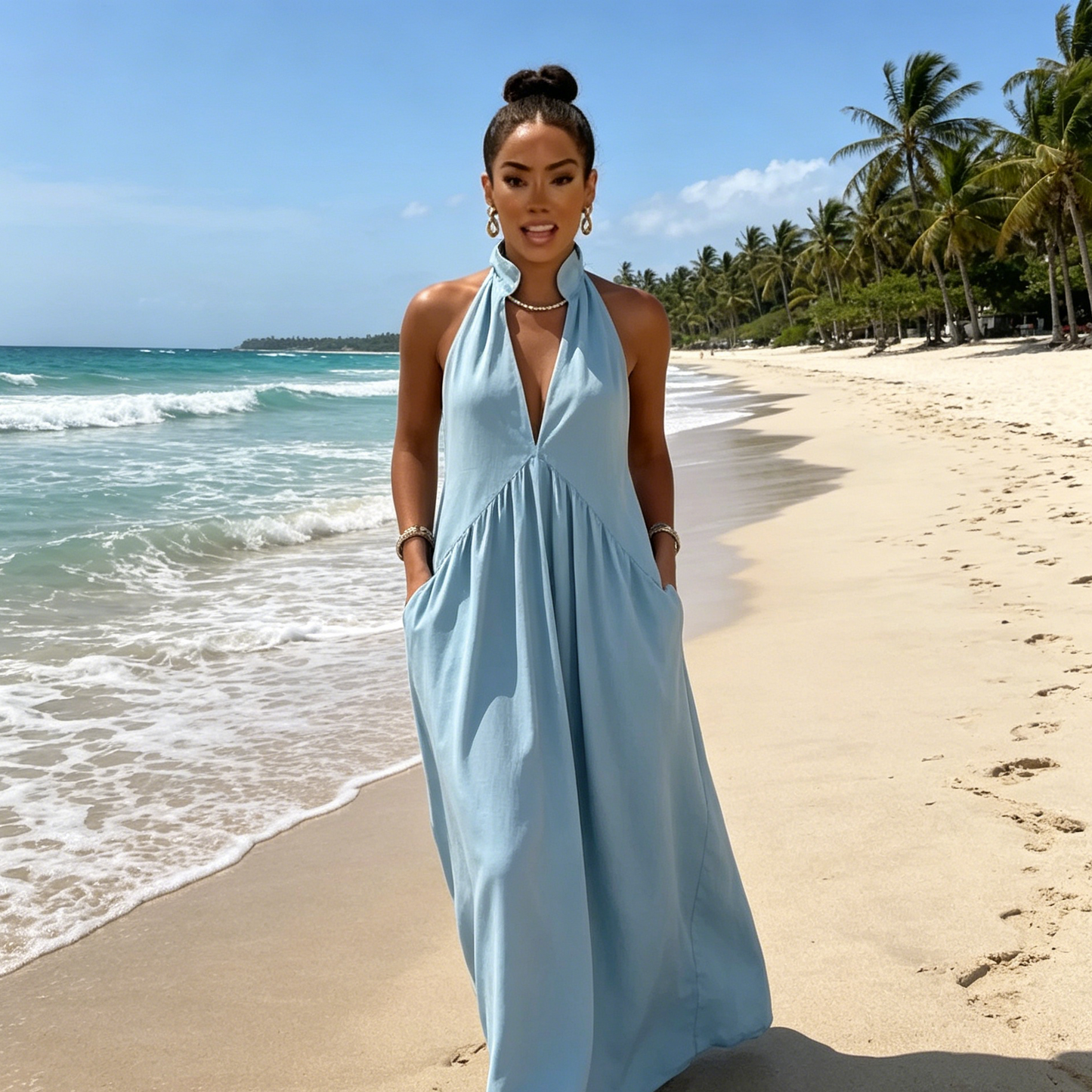 ✨️✨️Elegant Resort-style Stand-collar Cotton Dress👗