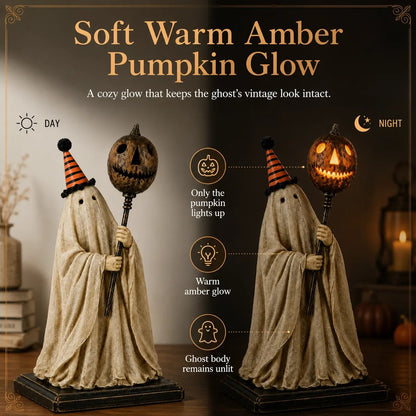 Lighted Vintage Ghost Figurine with Glowing Pumpkin Staff 👻💡