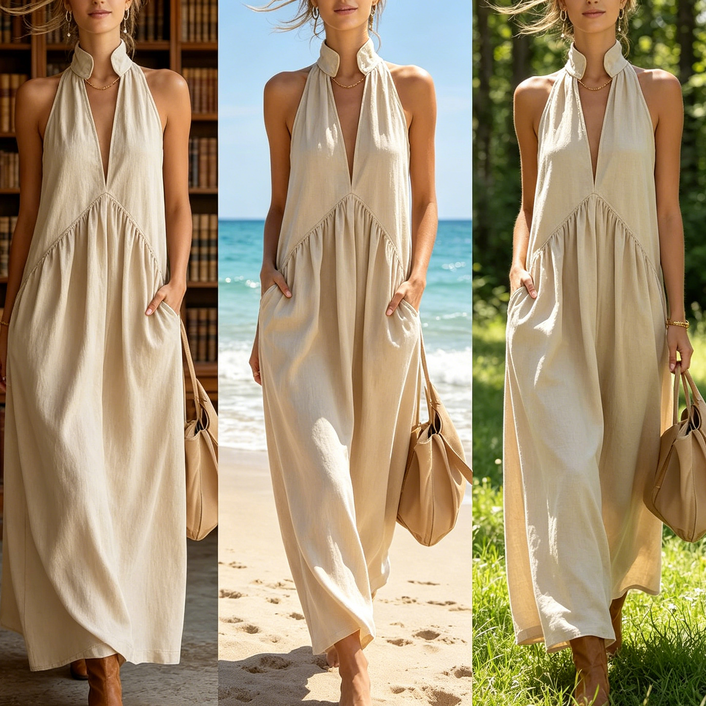 ✨️✨️Elegant Resort-style Stand-collar Cotton Dress👗