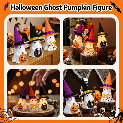 👻🌟3Pcs Light-up Ceramic Ghost Halloween Decor | Cute Ghost Figurines with Colorful Witch Hats