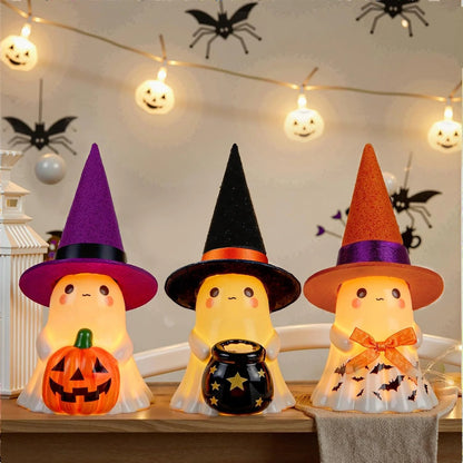 👻🌟3Pcs Light-up Ceramic Ghost Halloween Decor | Cute Ghost Figurines with Colorful Witch Hats