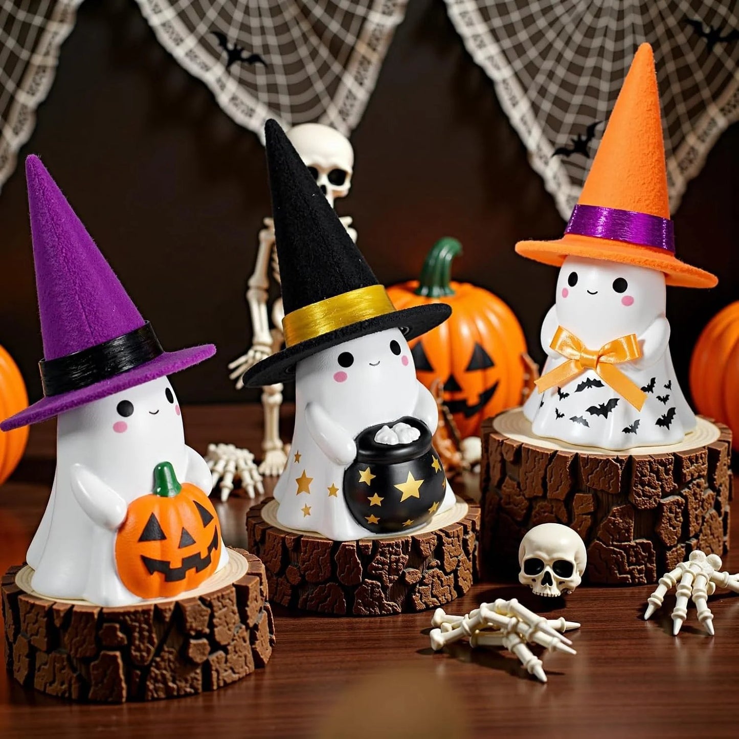 👻🌟3Pcs Light-up Ceramic Ghost Halloween Decor | Cute Ghost Figurines with Colorful Witch Hats