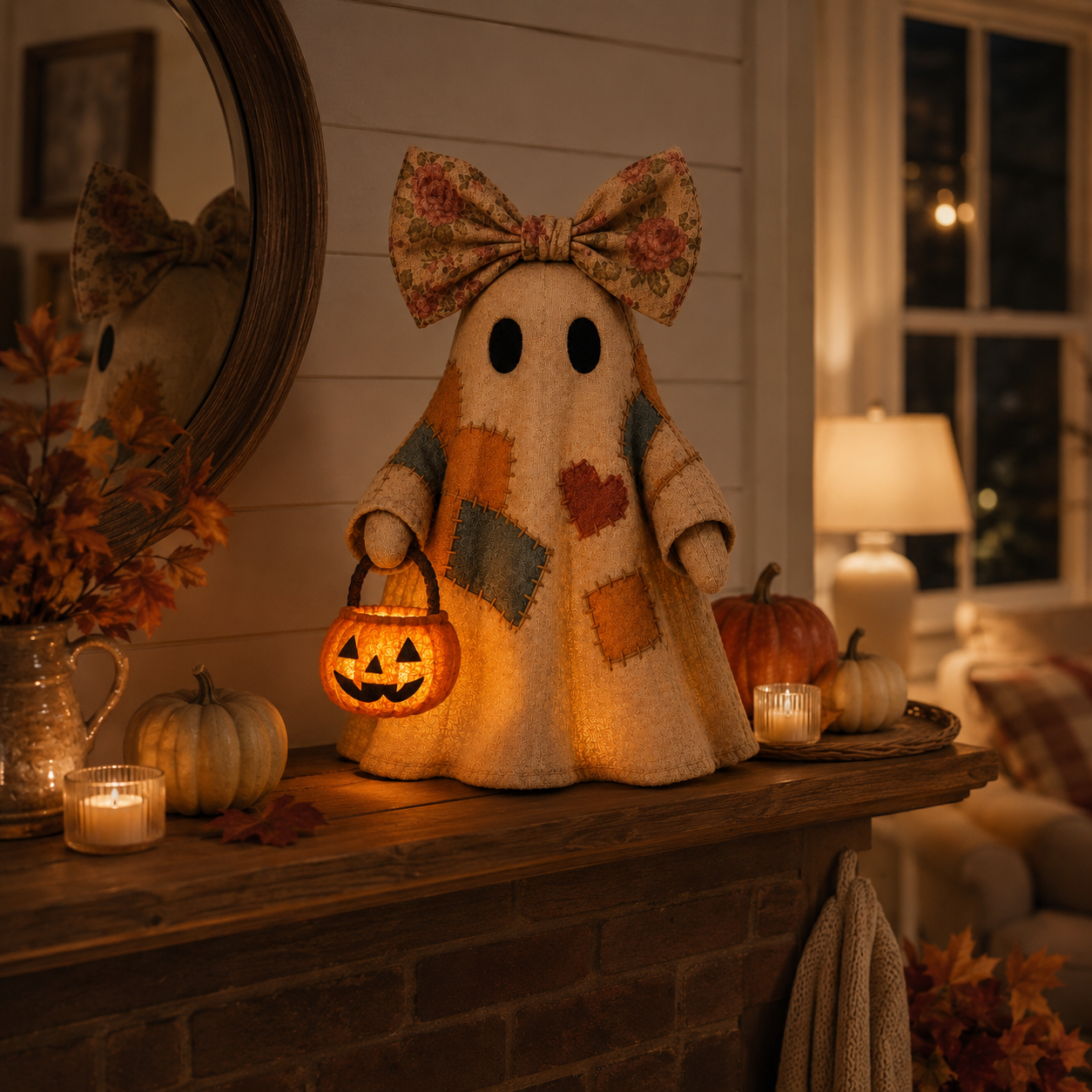 🔥 FLASH SALE - 👻🎃 Light-Up Patchwork Ghost with LED Jack-o'-Lantern Basket
