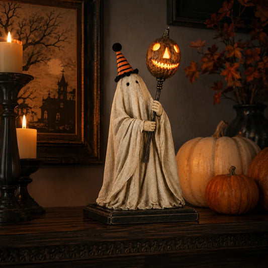 ✨🎃 Limited Seasonal Edition - 👻 Lighted Vintage Ghost Figurine with Glowing Pumpkin Staff
