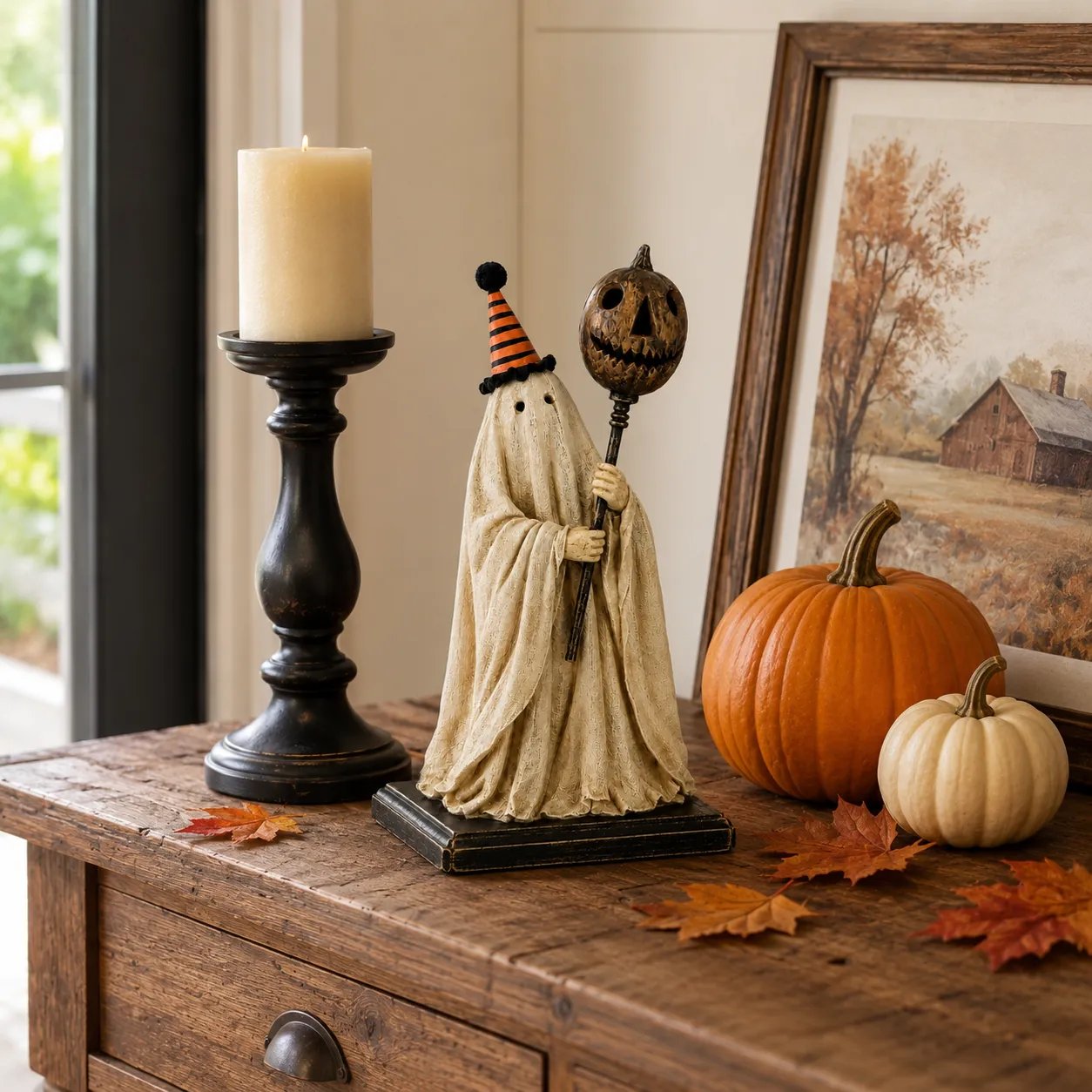 Lighted Vintage Ghost Figurine with Glowing Pumpkin Staff 👻💡