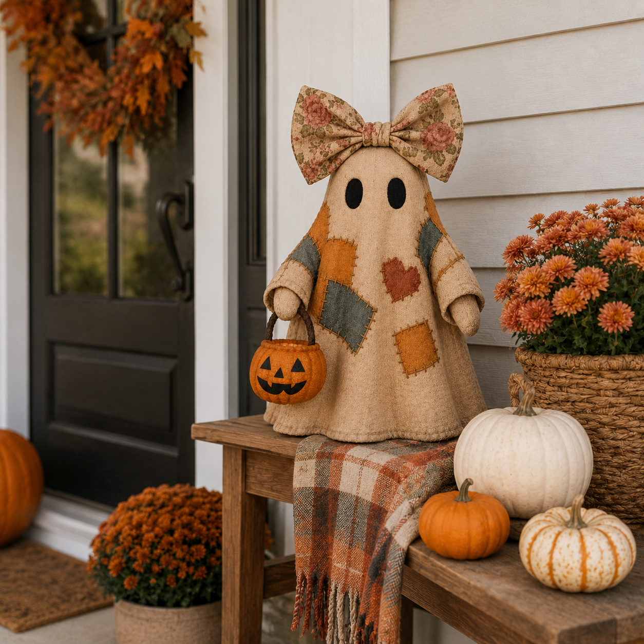 🔥 FLASH SALE - 👻🎃 Light-Up Patchwork Ghost with LED Jack-o'-Lantern Basket