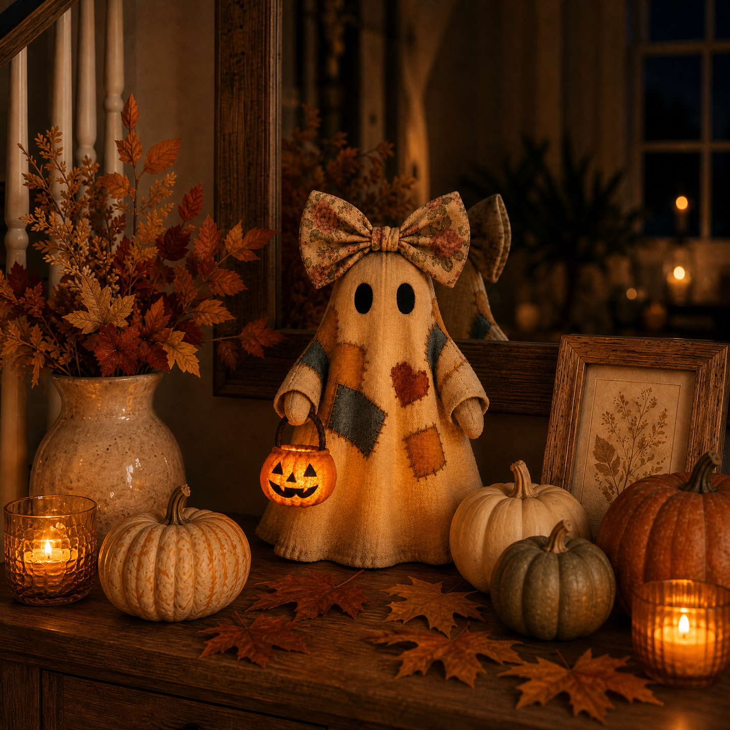 🔥 FLASH SALE - 👻🎃 Light-Up Patchwork Ghost with LED Jack-o'-Lantern Basket