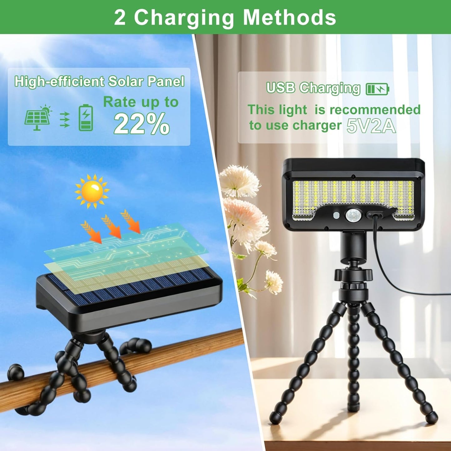 92 LED Solar Lights Outdoor with Motion Sensor, Octopus Stand, Adjustable Angle, USB & Solar Powered,IP65 Waterproof