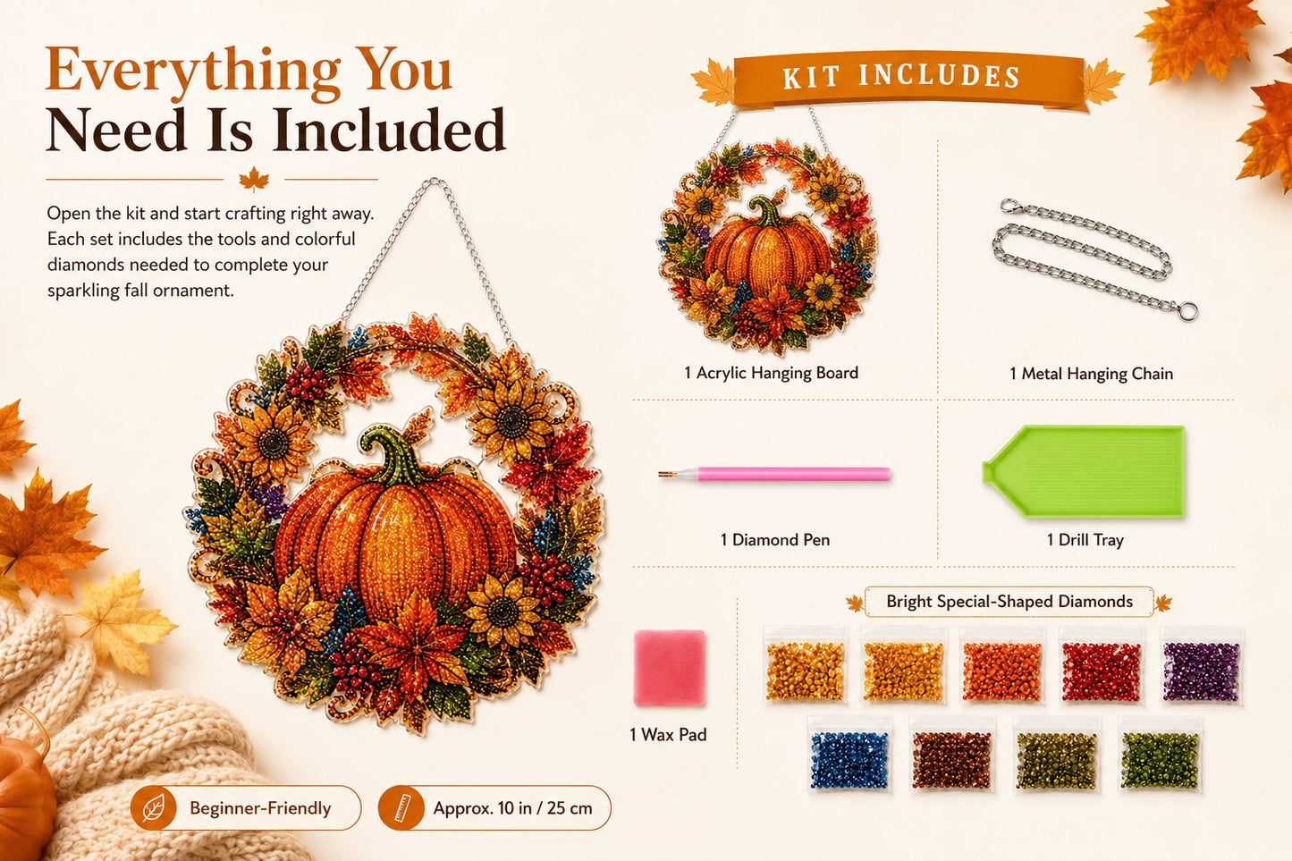 🔥Limited Edition 49% OFF - 🍂✨Autumn Harvest Pumpkin Diamond Art Hanging Ornament Kit