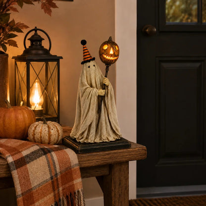 Lighted Vintage Ghost Figurine with Glowing Pumpkin Staff 👻💡
