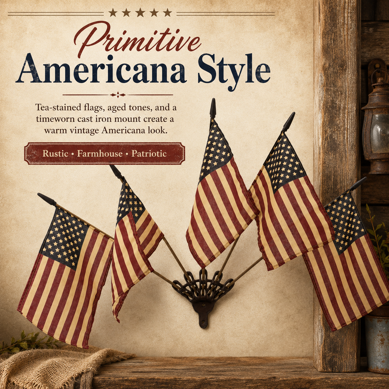 ⏳50% OFF🇺🇸 Rustic Cast Iron 5 Tea-Stained American Flag Wall Display✨