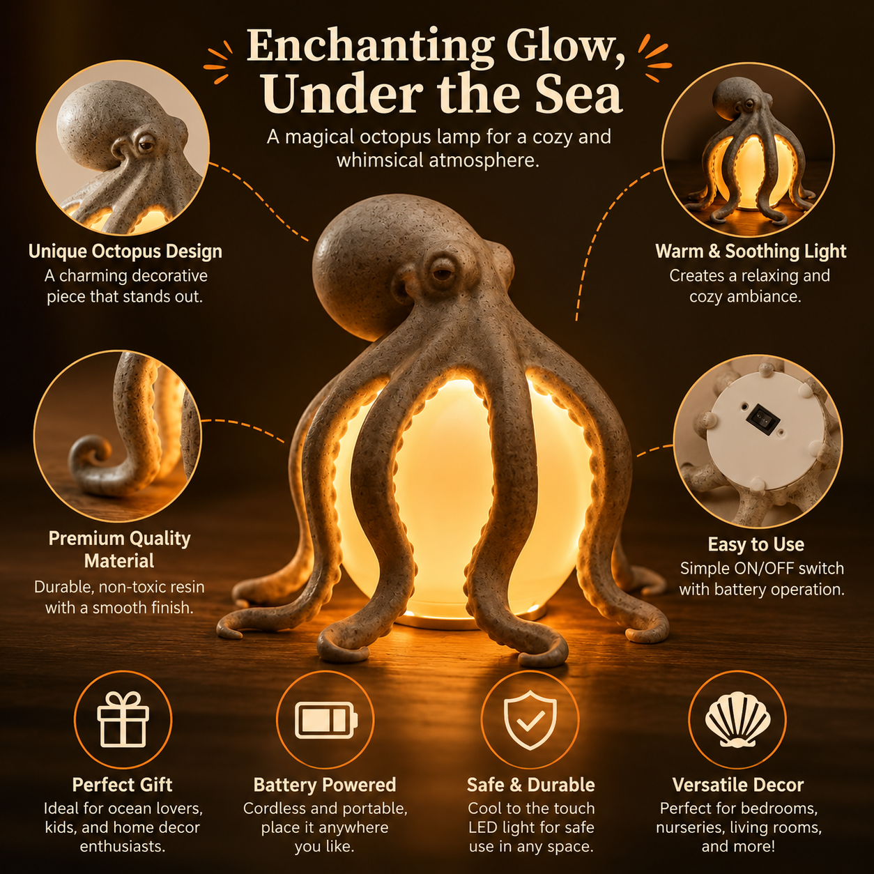 🐙 Octopus Ocean Decor Table Lamp – Coastal Ambient Lighting & Artistic Home Décor