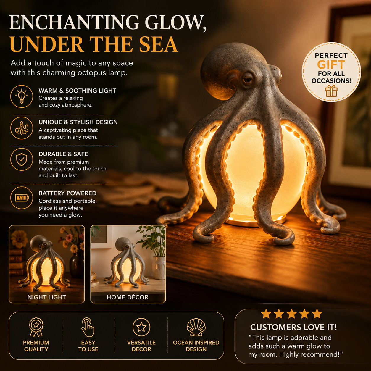 🐙 Octopus Ocean Decor Table Lamp – Coastal Ambient Lighting & Artistic Home Décor