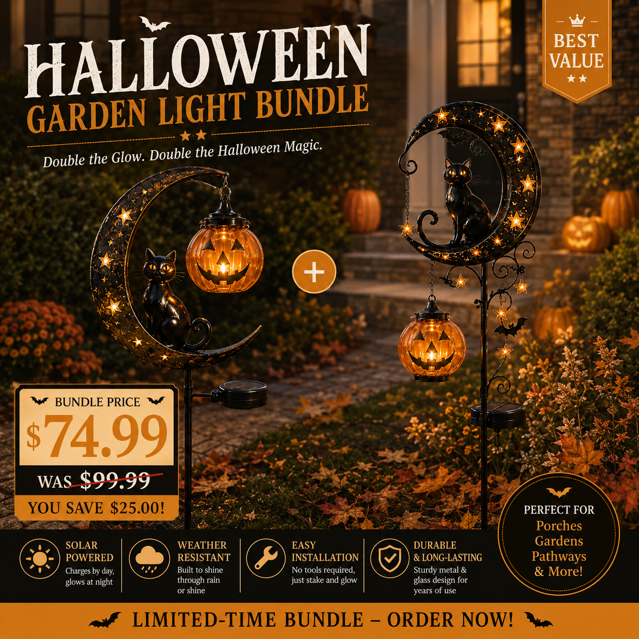 🎃 Solar Black Cat & Pumpkin Moon Garden Stake Light 🐈‍⬛– Magical Halloween Yard Décor