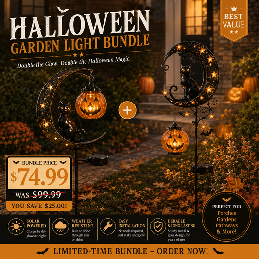 🎃 Solar Black Cat & Pumpkin Moon Garden Stake Light 🐈‍⬛– Magical Halloween Yard Décor