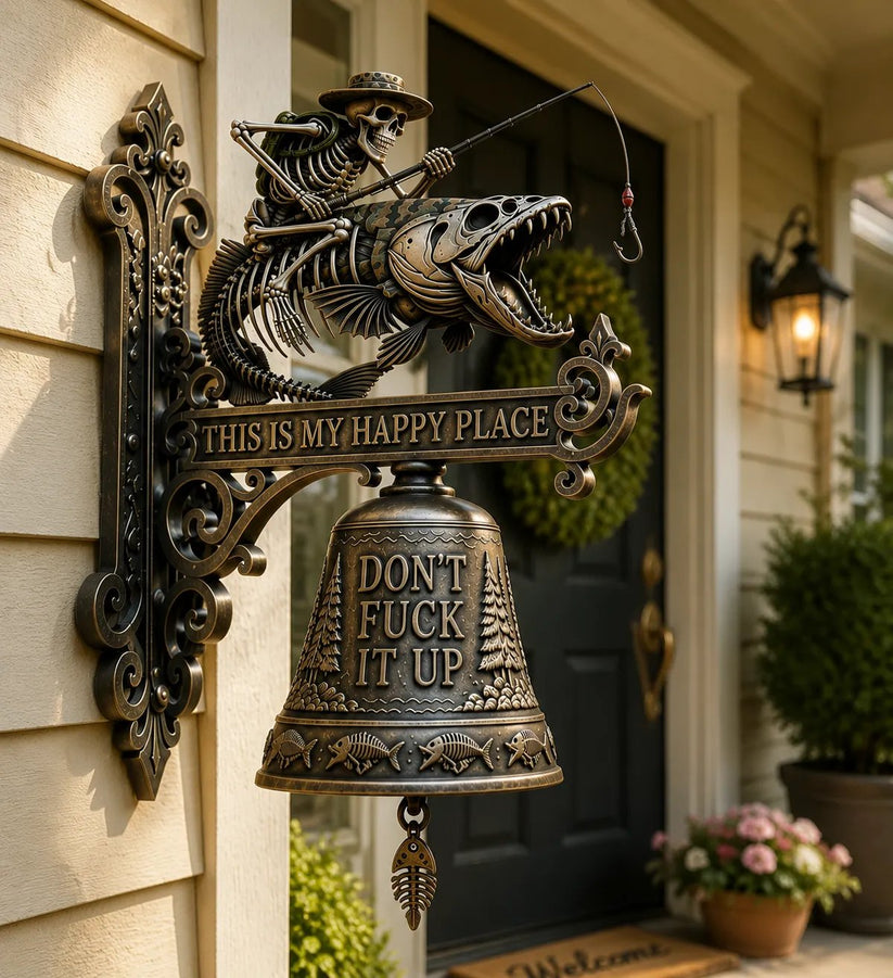 🎣 XL Upgraded Metal Skeleton Fisherman Wall Bell – The Ultimate Outdoor Conversation Piece