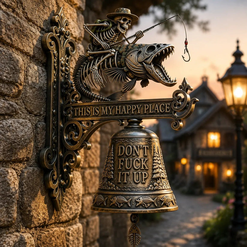 🎣 XL Upgraded Metal Skeleton Fisherman Wall Bell – The Ultimate Outdoor Conversation Piece