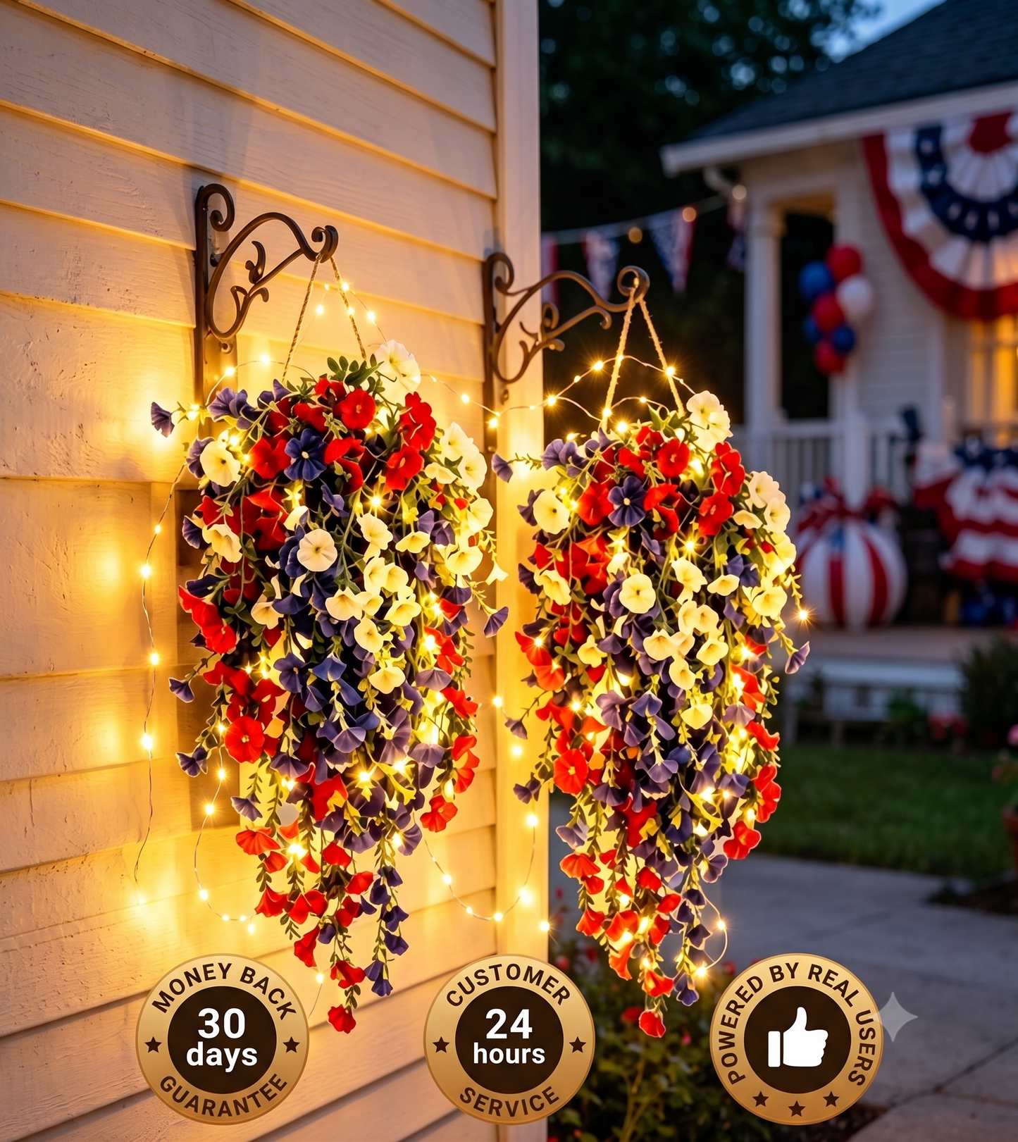 🎉Patriotic Hanging Flower Baskets 🔴⚪🔵 - Artificial Outdoor Decor, No Maintenance