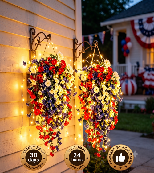🎉Patriotic Hanging Flower Baskets 🔴⚪🔵 - Artificial Outdoor Decor, No Maintenance