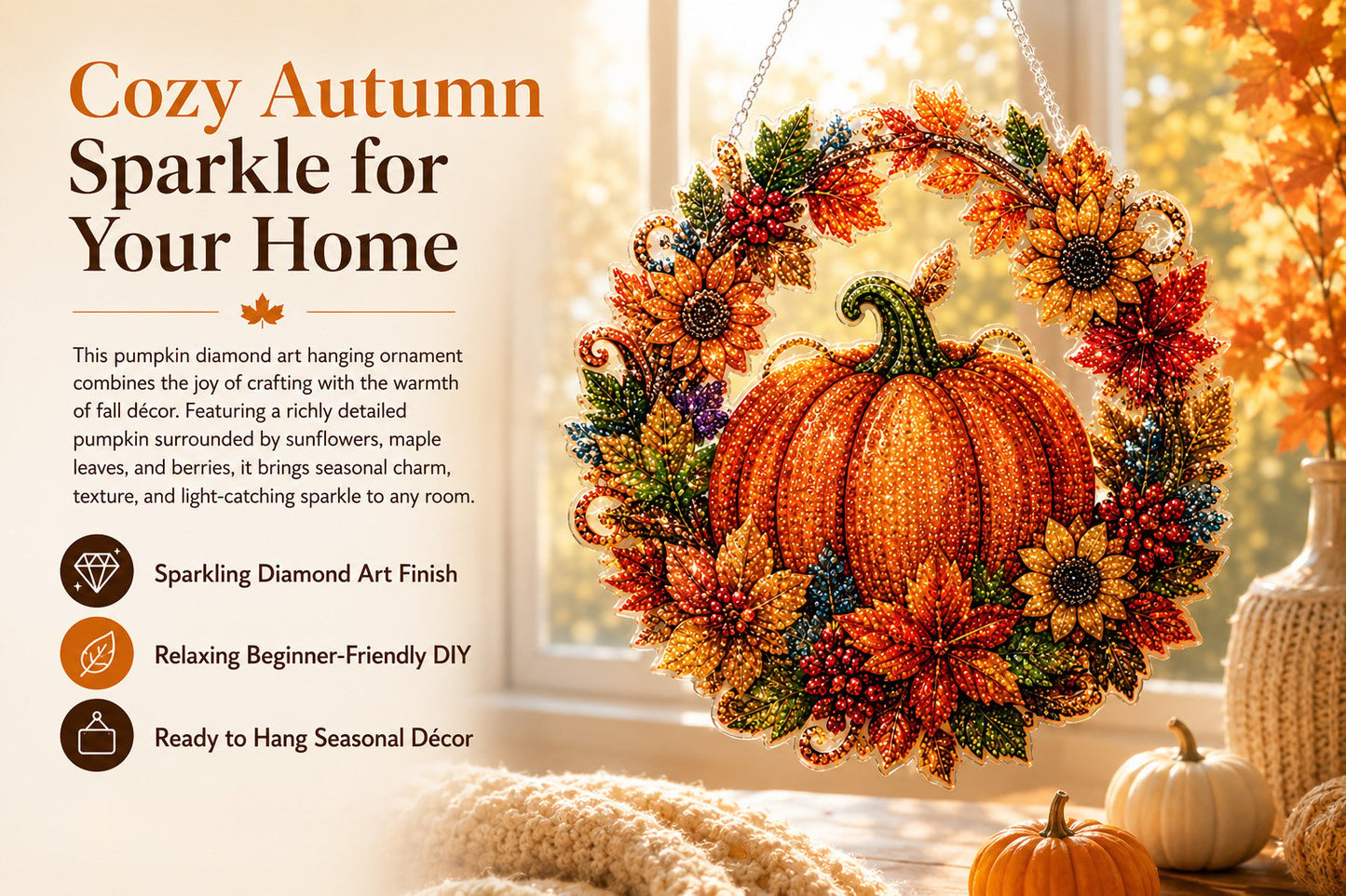 🔥Limited Edition 49% OFF - 🍂✨Autumn Harvest Pumpkin Diamond Art Hanging Ornament Kit