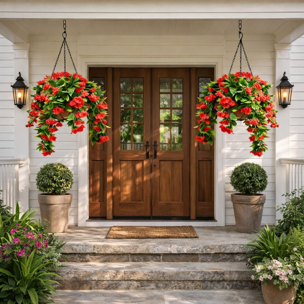 Faux Crepe Myrtle Hanging Baskets – UV Resistant Artificial Flower Planters with Coconut Liner & Metal Chain