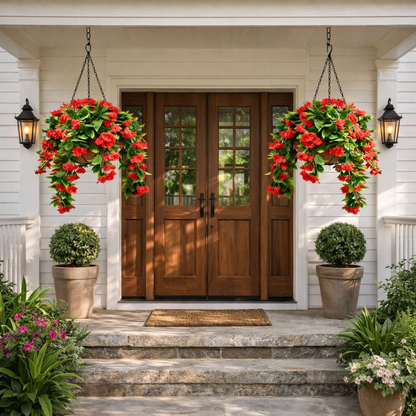 Faux Crepe Myrtle Hanging Baskets – UV Resistant Artificial Flower Planters with Coconut Liner & Metal Chain