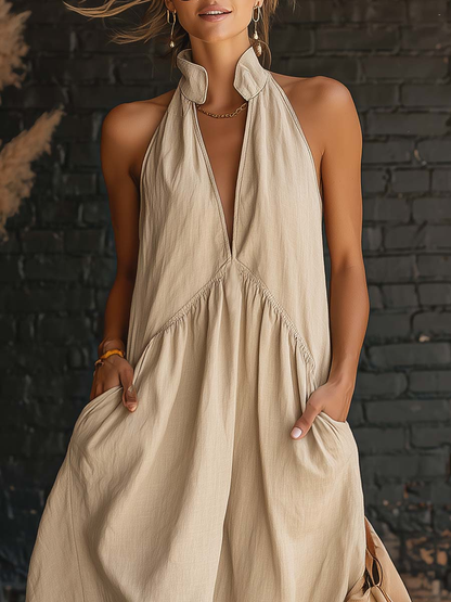 ✨️✨️Elegant Resort-style Stand-collar Cotton Dress👗
