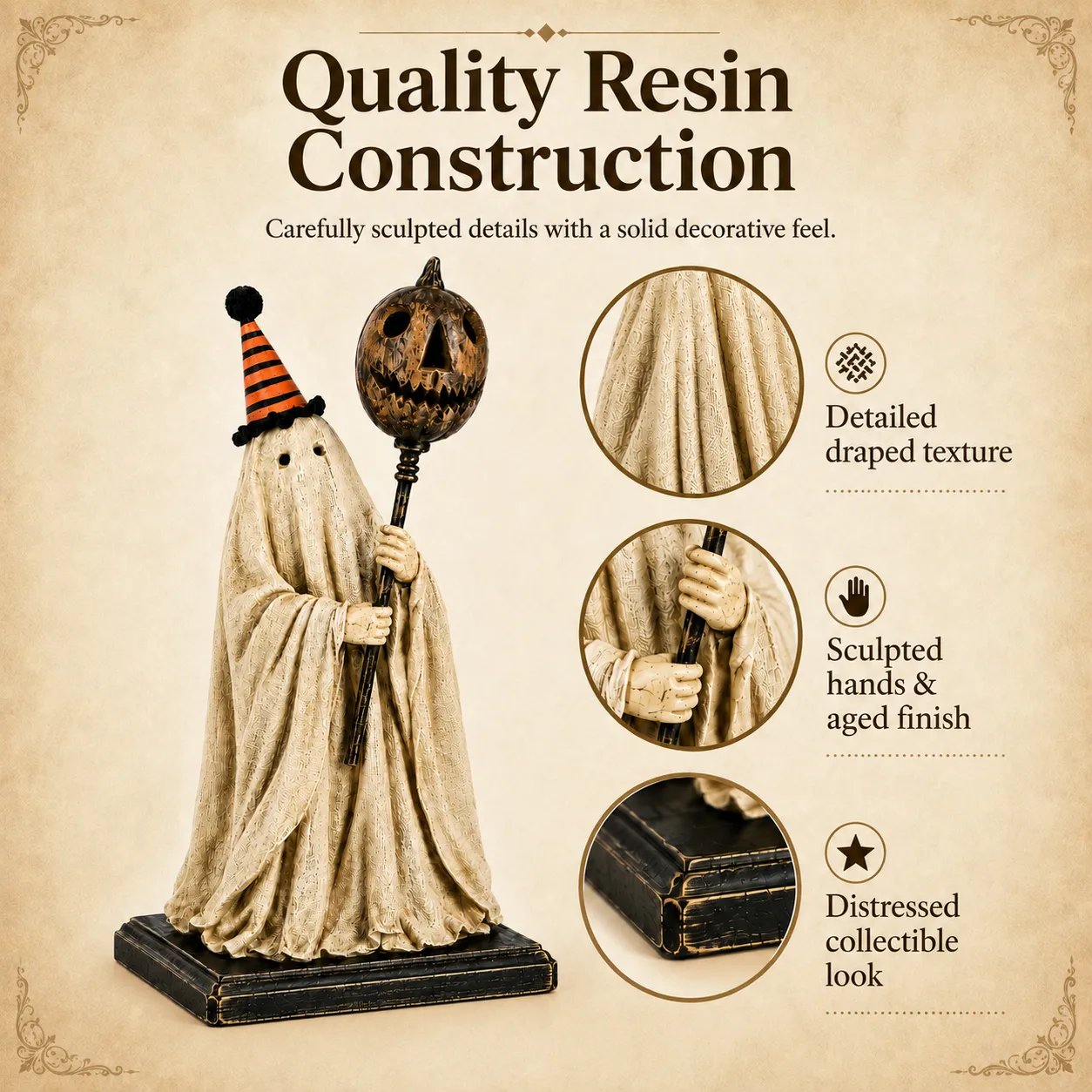 Lighted Vintage Ghost Figurine with Glowing Pumpkin Staff 👻💡