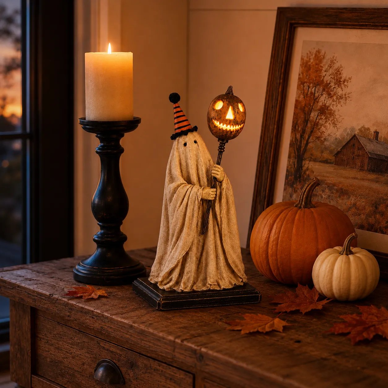 Lighted Vintage Ghost Figurine with Glowing Pumpkin Staff 👻💡