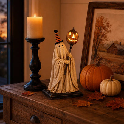 Lighted Vintage Ghost Figurine with Glowing Pumpkin Staff 👻💡