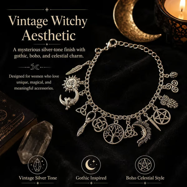 🌙 Vintage Witchy Charm Bracelet – Mystical Celestial Jewelry For Everyday Magic