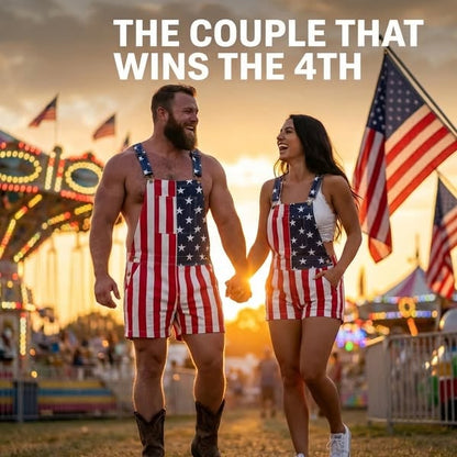 🇺🇸Men's and Women's American Flag Denim Overalls Stretch Shorts, Patriotic