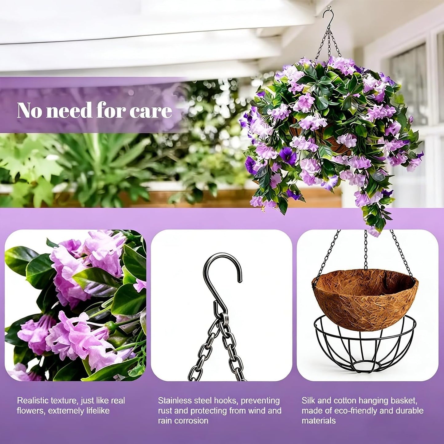 Faux Crepe Myrtle Hanging Baskets – UV Resistant Artificial Flower Planters with Coconut Liner & Metal Chain