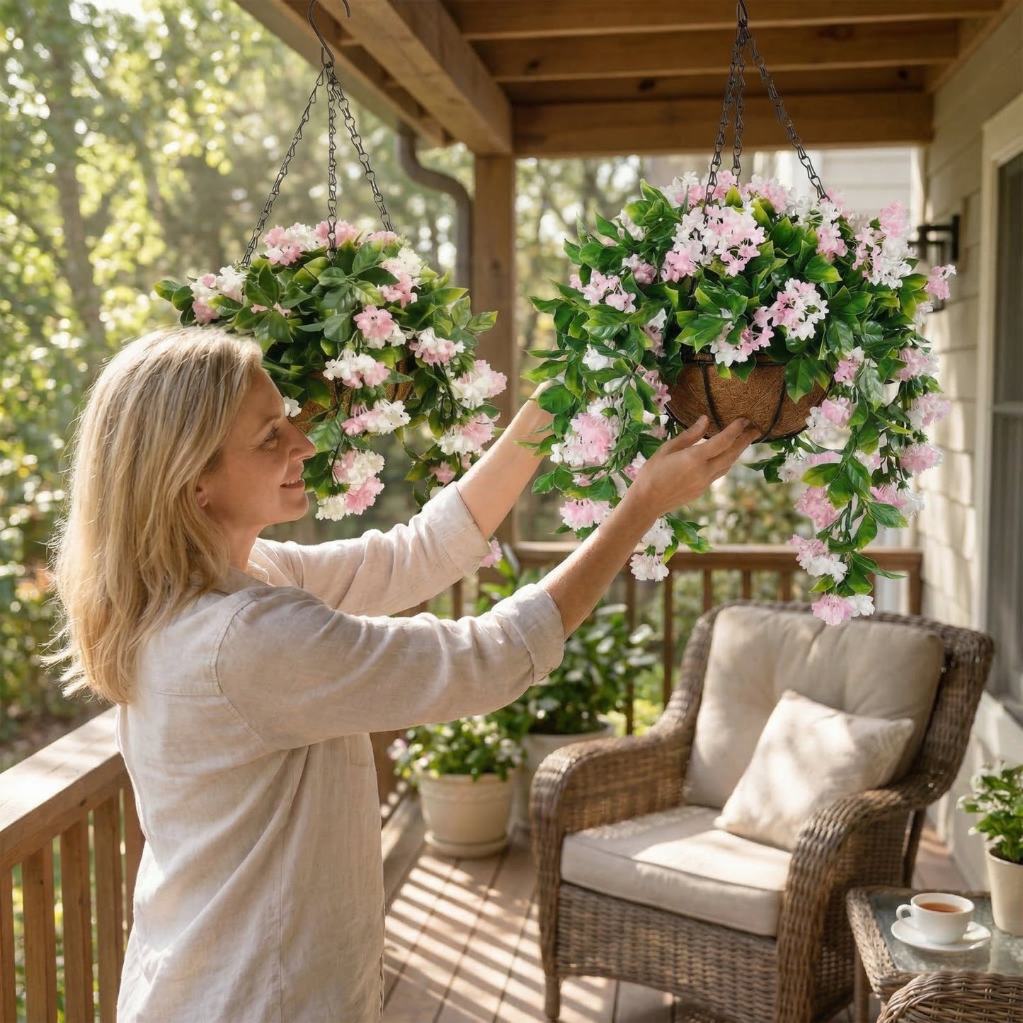 Faux Crepe Myrtle Hanging Baskets – UV Resistant Artificial Flower Planters with Coconut Liner & Metal Chain