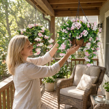 Faux Crepe Myrtle Hanging Baskets – UV Resistant Artificial Flower Planters with Coconut Liner & Metal Chain
