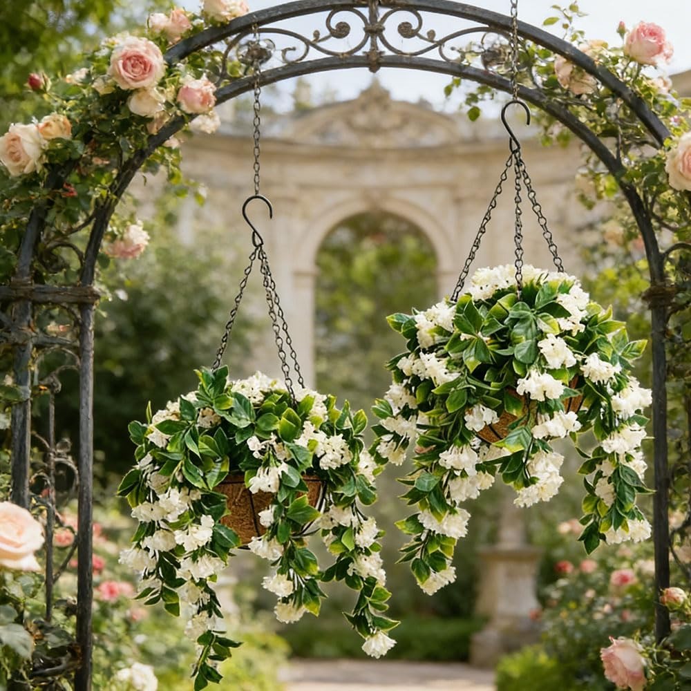 Faux Crepe Myrtle Hanging Baskets – UV Resistant Artificial Flower Planters with Coconut Liner & Metal Chain