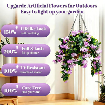 Faux Crepe Myrtle Hanging Baskets – UV Resistant Artificial Flower Planters with Coconut Liner & Metal Chain